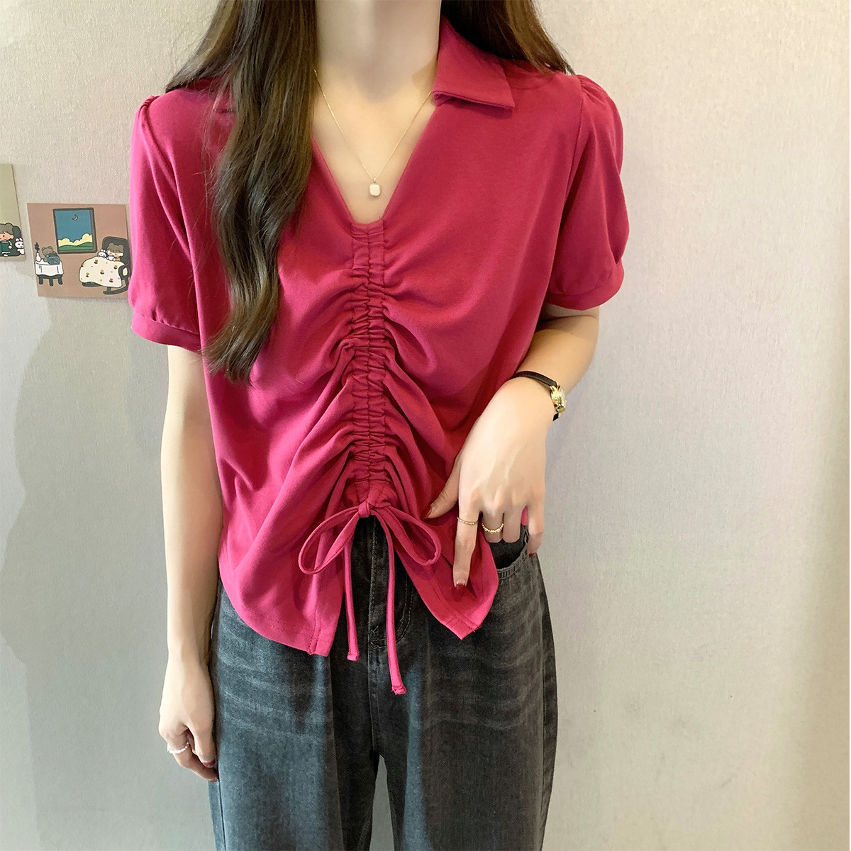 【2.5折价67元】唐狮短袖T恤女夏季翻领下摆抽绳短款修身上衣气质淑女潮 火龙果色 M