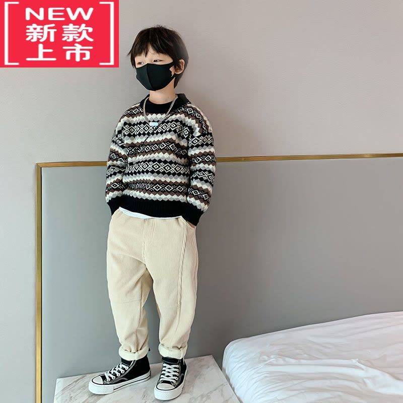 可莉允男童毛衣套头毛线衣2022秋冬新款儿童针织衫菱格复古宝宝加厚保暖图片