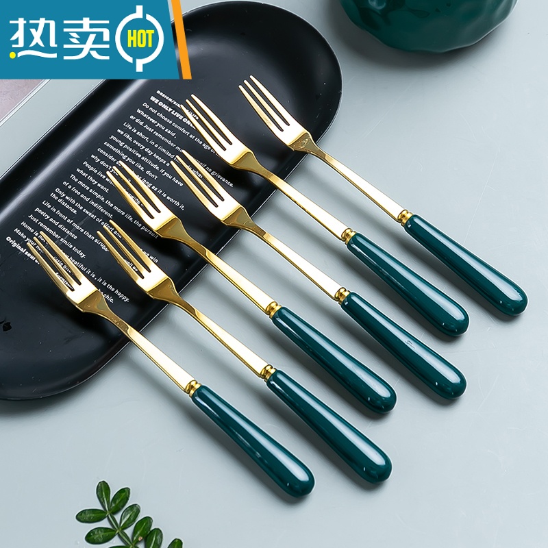 敬平创意不锈钢水果叉子北欧收纳罐网红点心叉甜品叉果签 樱花粉金色水果三齿叉高清大图