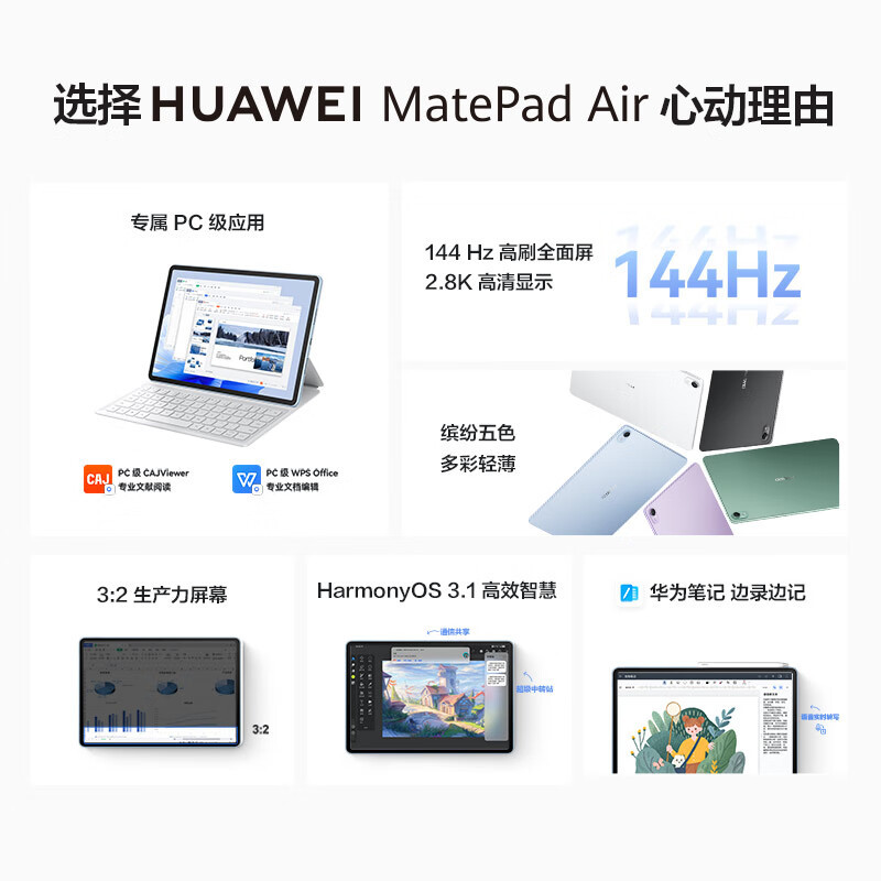 HUAWEI/华为MatePad Air 11.5英寸144Hz高刷护眼平板电脑2.8K超清pad办公娱乐学习考研 8G+256G[WiFi版]羽纱紫高清大图