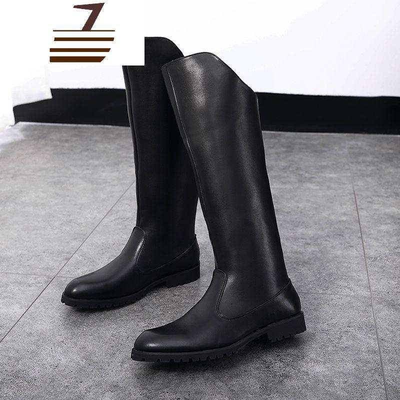 尗卡马靴男过膝高帮靴牛仔靴高筒靴男士皮靴子英伦长筒马丁靴加绒