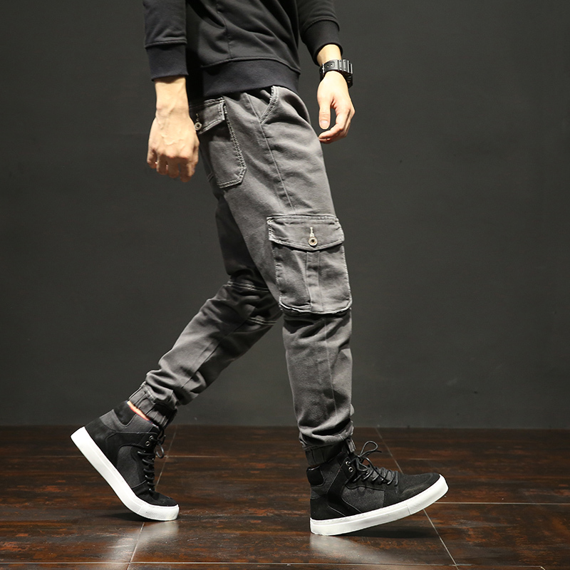 lake机车牛仔裤男潮牌宽松潮胖机能工装坠感束脚裤学生大码束口男裤子