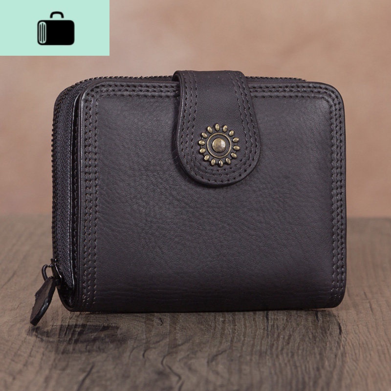 复古头层牛皮女士手工钱夹女皮夹真皮短款钱包女拉链日韩2020新款NEWLAKE 灰色