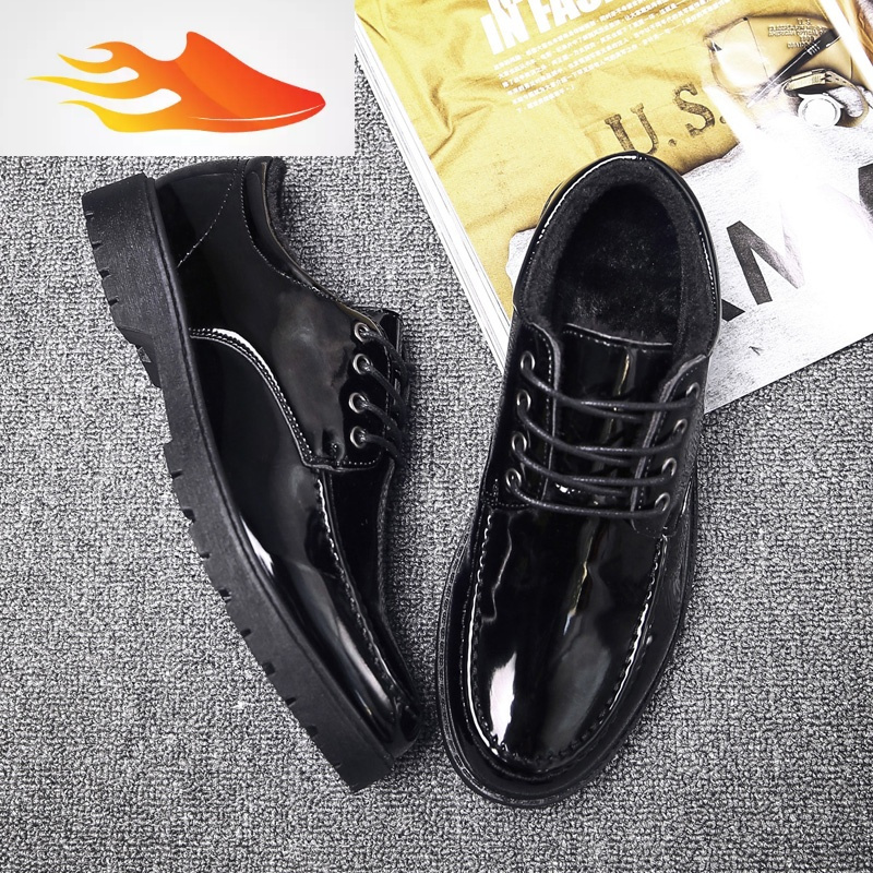 fishbasket冬季英伦男鞋子黑色小皮鞋韩版社会小伙漆皮亮面休闲潮鞋加