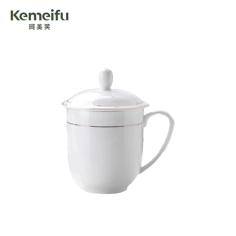 珂美芙 陶瓷带盖茶杯 金边380ml 个高清大图
