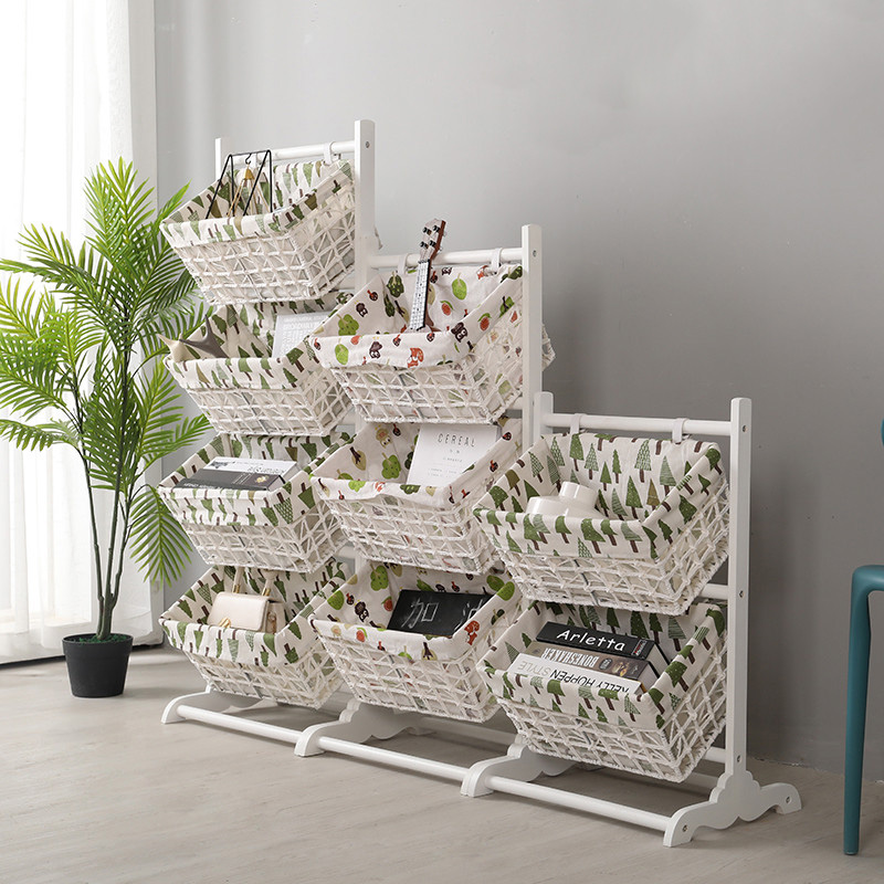 森美人布艺玩具收纳架客厅落地杂物储物架藤编多层书报架实木置物架高清大图