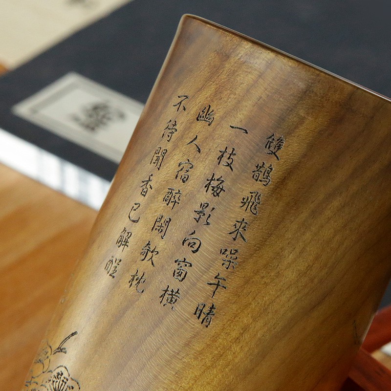 个性创意楠木竹节笔筒 多功能文房毛笔笔筒 复古实木质办公室笔桶 定制logo刻字 原木制桌面简约收纳盒V 三维工匠高清大图