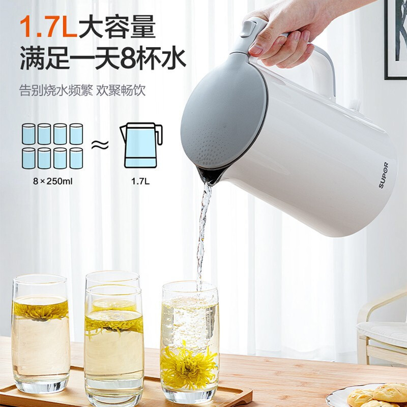 苏泊尔(SUPOR) SW-17S13A 电水壶 1.7L容量 全钢无缝内胆 双钢防烫保温 一键开盖 白灰英国品牌温控器