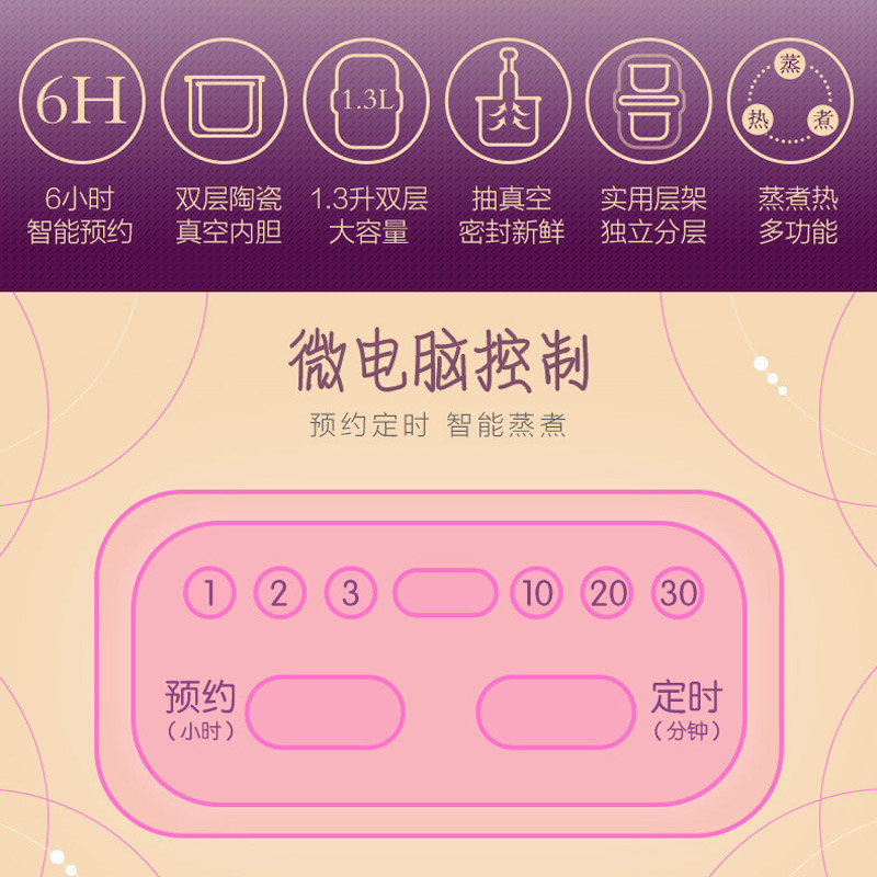小熊(Bear)电热饭盒DFH-B13M2 1.3升双层陶瓷内胆 真空密封保鲜 智能预约定时保温 多功能电饭盒