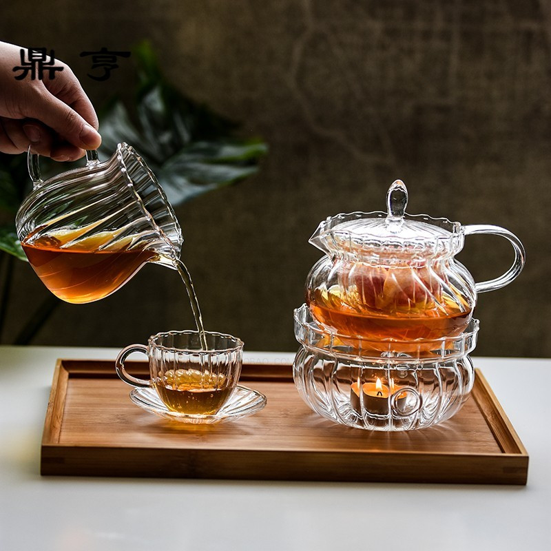 鼎亨欧式复古条纹玻璃壶 煮泡水果茶壶 加热炉 耐高温茶具套装 带