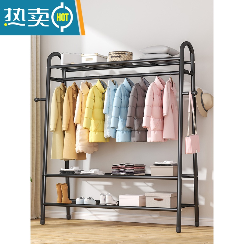 敬平晾衣架落地卧室内挂衣架阳台晒衣架家用简易晾衣杆宿舍晒衣服架子 100CM+白[上下双层网+双侧钩]高清大图