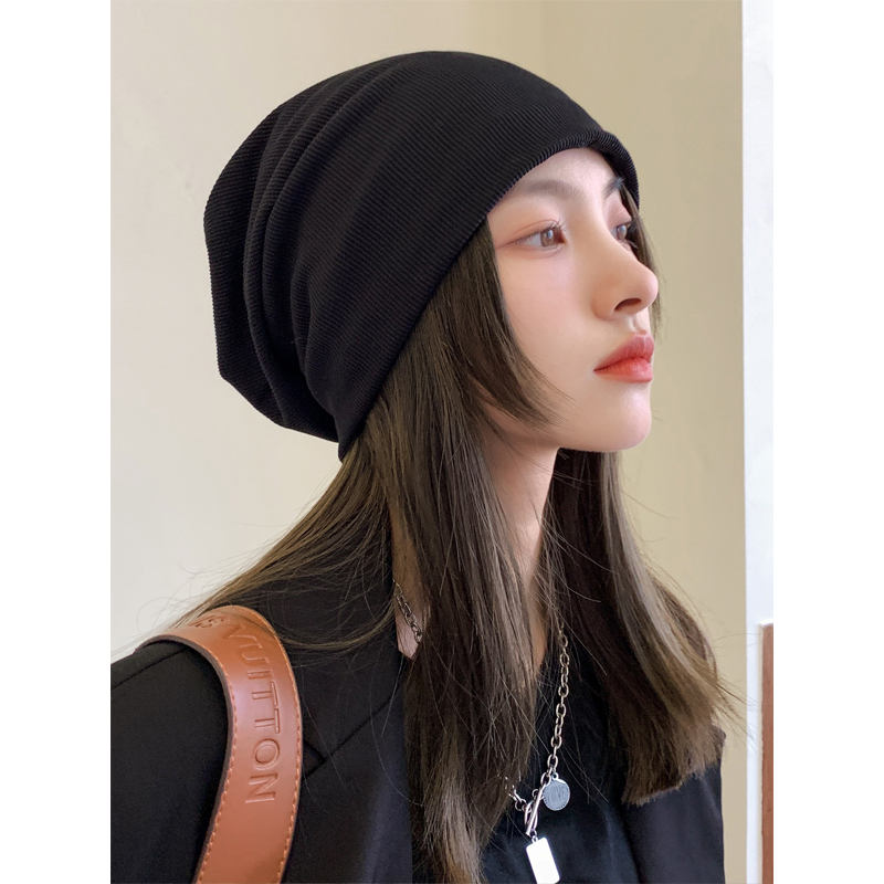 堆堆帽女薄款韩版百搭针织帽子春秋冬月子黑色毛线帽包头冷帽网红