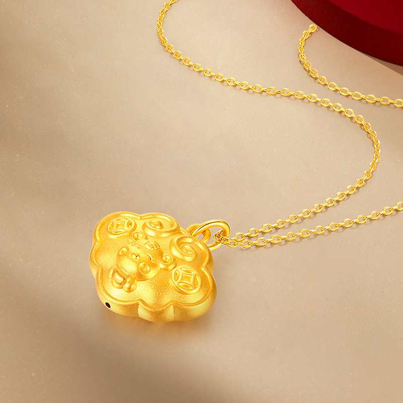 梦金园十二生肖长命锁黄金吊坠龙年本命福字锁包足金挂坠硬金双面配链