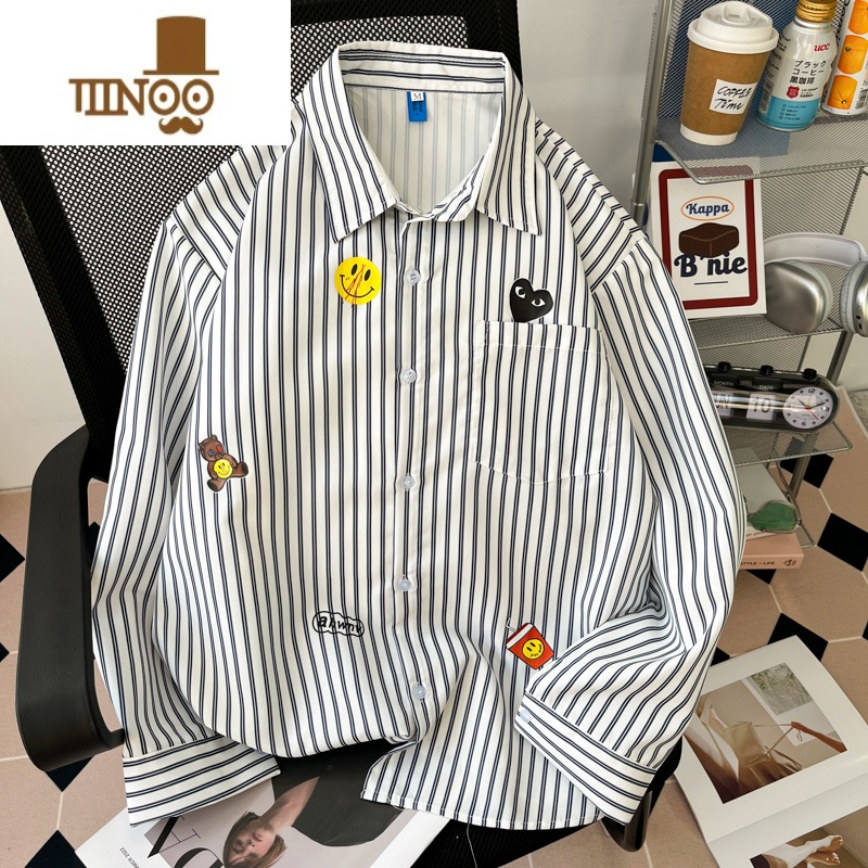 YANXU日系小众情侣爱心条纹衬衫男韩版复古原宿风长袖衬衣别致叠穿上衣