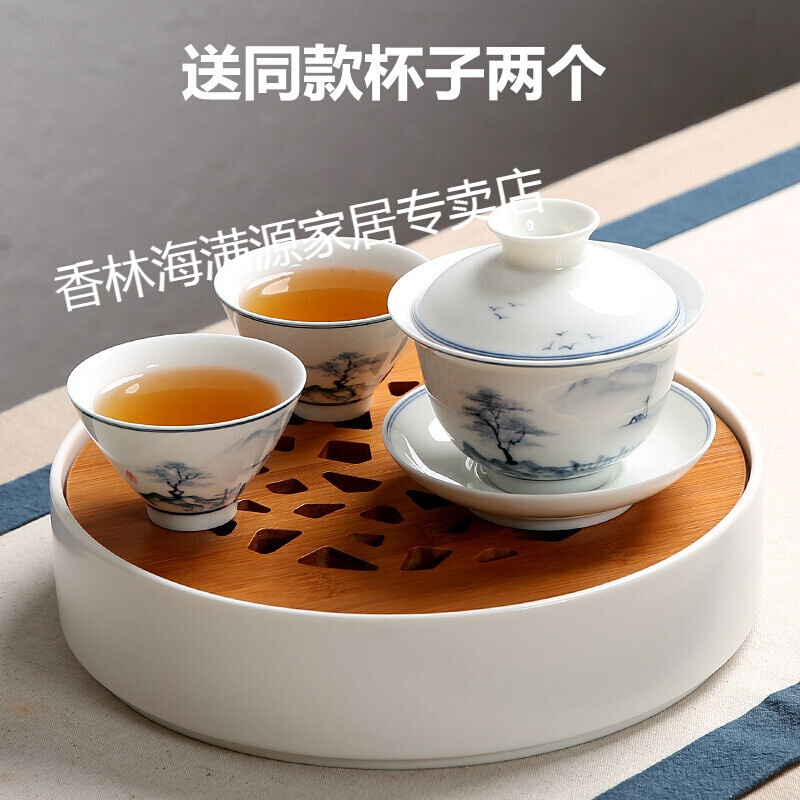 2018年新款景德镇手绘陶瓷盖碗青花瓷手抓泡茶碗三才碗杯功夫敬茶碗茶杯茶具