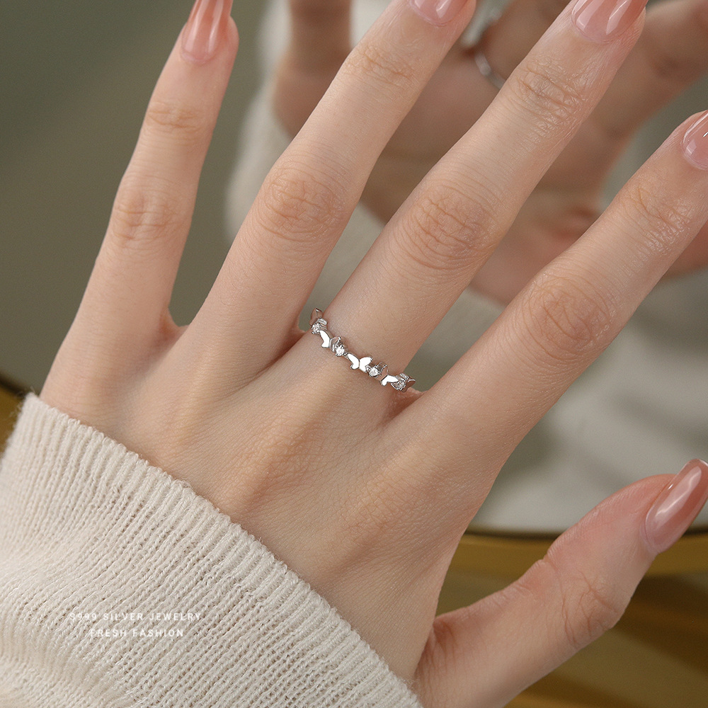 森系蝴蝶戒指女s999纯银高级感百搭小清新可调节足银闪钻指环轻奢送女朋友老婆情人节七夕生日礼物