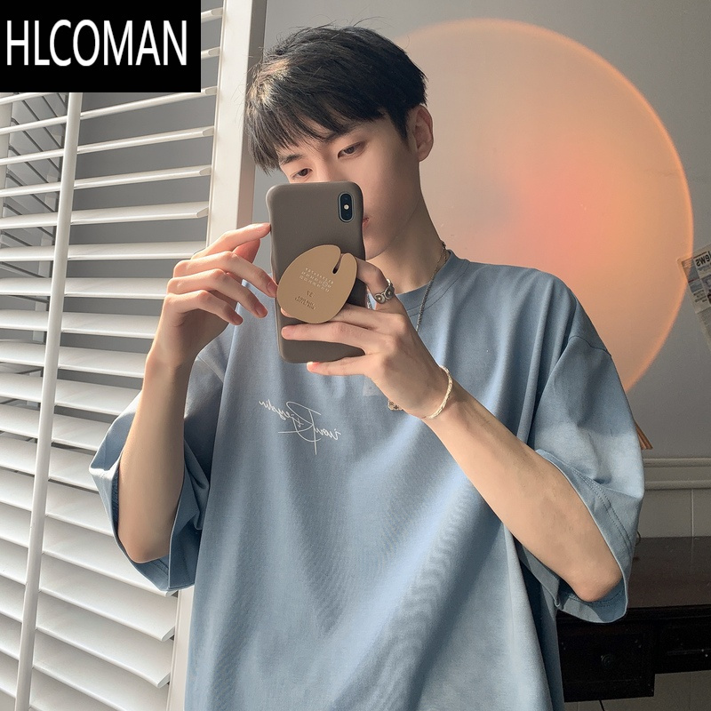 hlcomanoversize酒红色短袖t恤男夏季薄款潮牌简约设计感百搭宽松