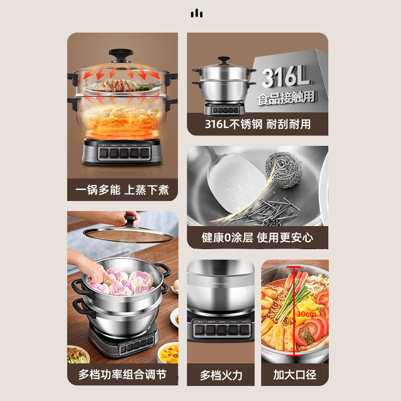 荣事达(Royalstar)电炒锅 家用不锈钢多功能电热锅炒锅多用途锅 电蒸锅RDG-ZH32GB6-316单笼高清大图