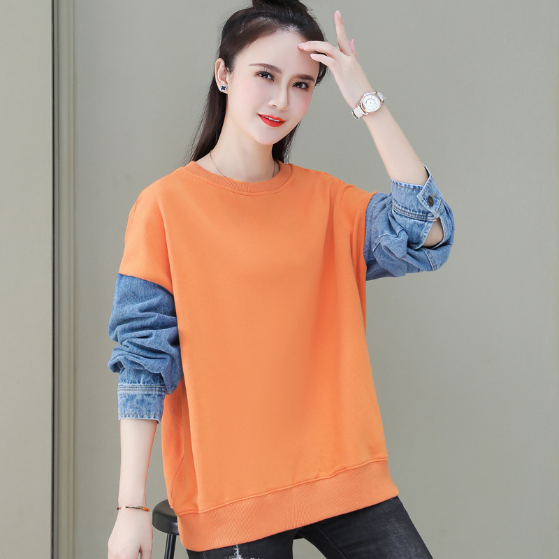 新款时尚圆领纯色拼接牛仔个性口袋设计宽松显瘦衣服潮官方旗舰店视频