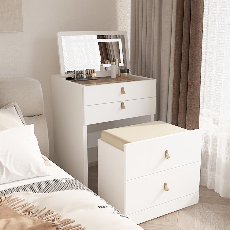实木梳妆台小型奶油风化妆桌卧室2023新款迷你翻盖床头收纳柜一体