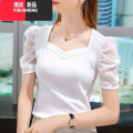 YIBUSHENG冰丝t恤女装新款短袖体恤衫泡泡袖休闲显瘦百搭女士时尚上衣服 白色 3XL