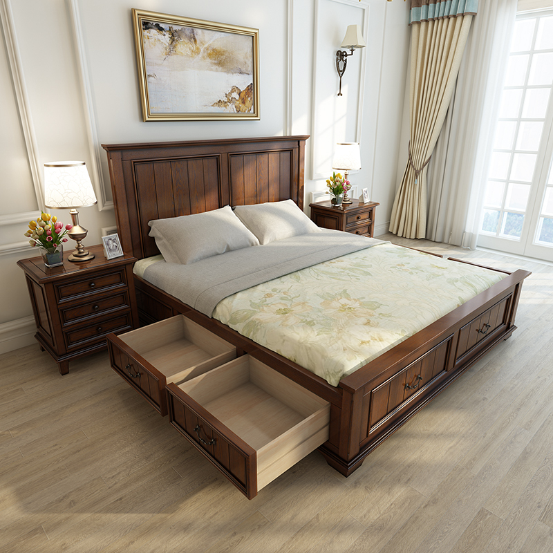 纳可西美式白蜡实木高箱储物床抽屉1.8米双人大床简约主卧室家具