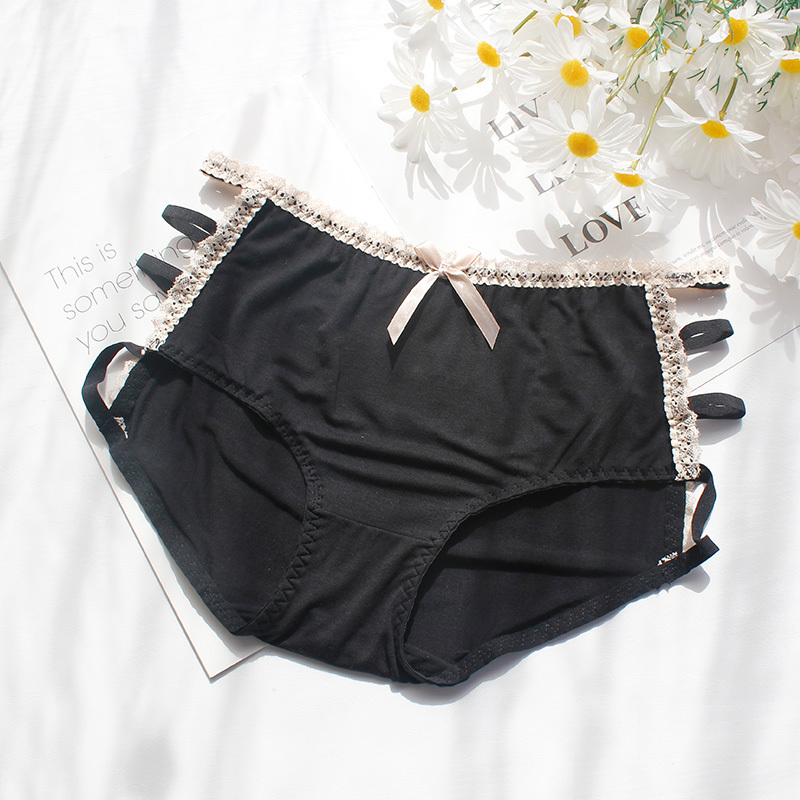 允大码女士内裤胖mm中腰莫代尔撞色蕾丝边两侧带子性感舒适蝴蝶结内裤