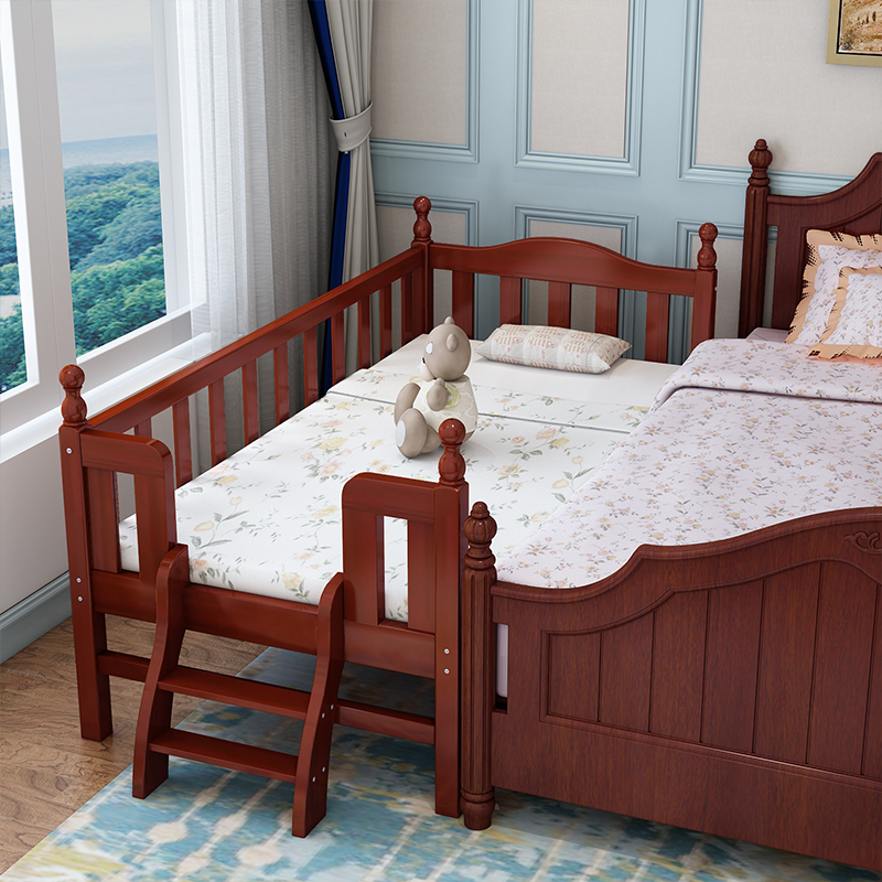 美帮汇檀木儿童床拼接床带护栏加宽床小孩床床童床护栏床定制实木床 150*80*40三面护栏尾梯 其他不带抽屉