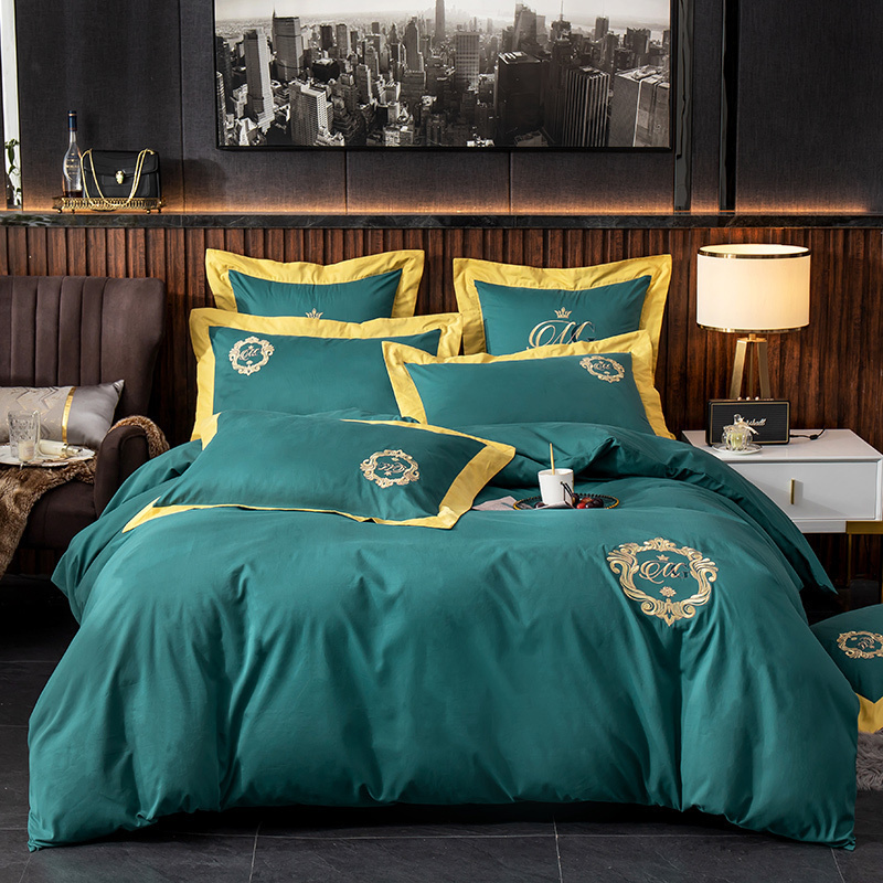 美帮汇四件套全棉磨毛欧式全棉被套冬天加厚廷风酒店床单简约 灰 安妮-黛绿 1.5床四件套【被套适配200*230被芯】