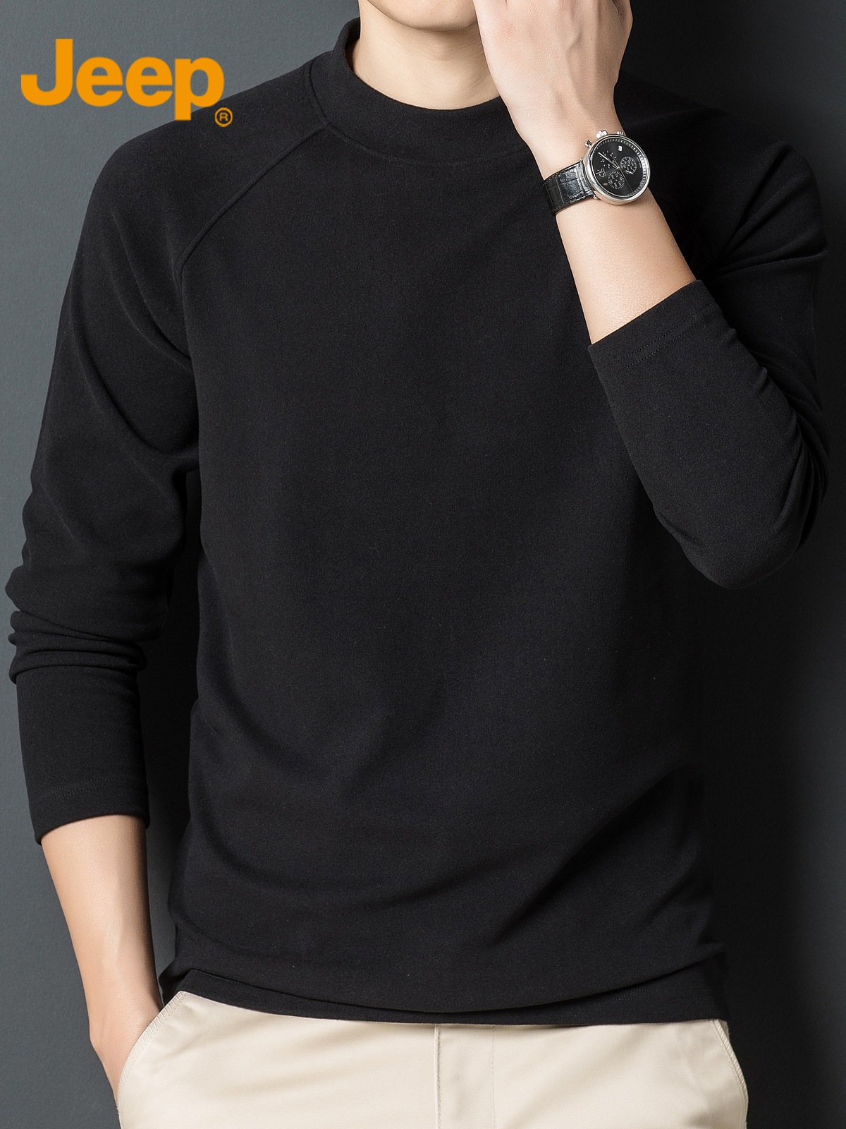 Jeep吉普德绒长袖t恤男士半高领休闲上衣2025年秋季保暖打底衫e高清大图