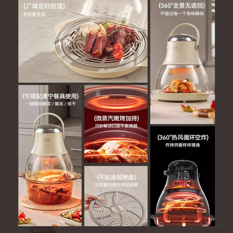 World Kitchen康宁空气炸锅4L大容量小灯泡家用玻璃可视化多功能电炸锅不沾易清洗高清大图
