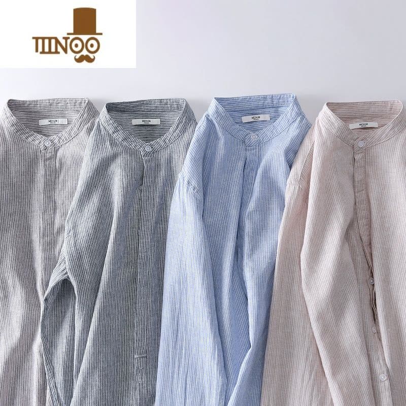 YANXU日系条纹亚麻衬衫男长袖休闲复古宽松立领棉麻衬衣男外穿夏季上衣图片