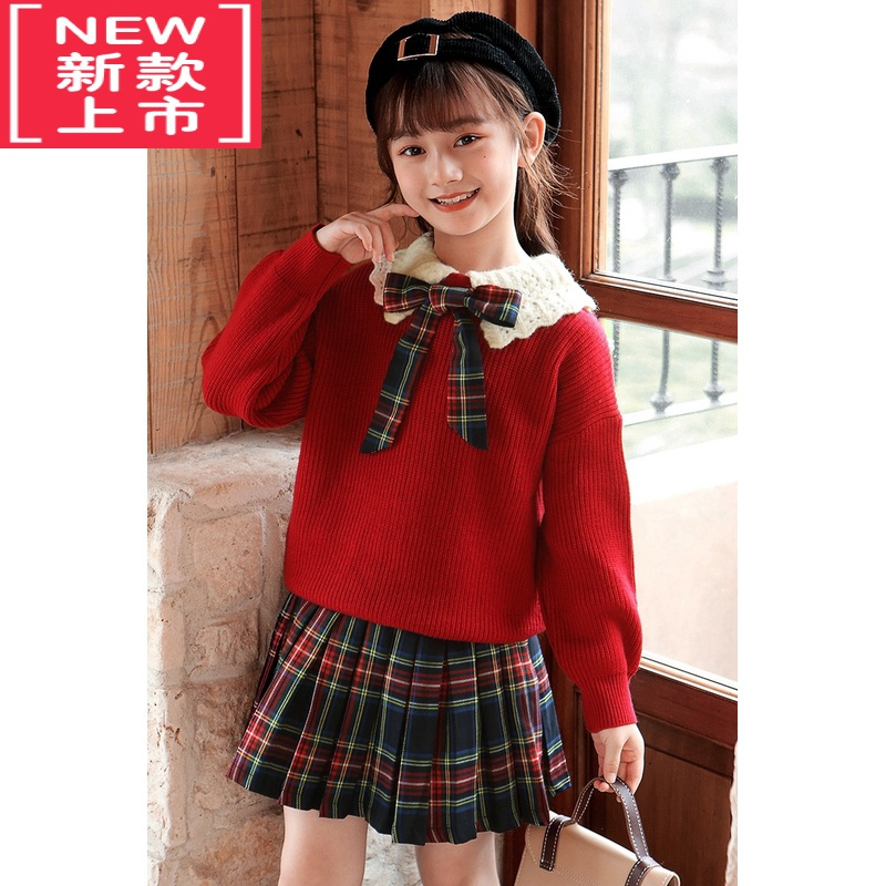 可莉允女童毛衣套装小女孩秋冬季裙子装jk学院风儿童百褶裙2022新款洋气