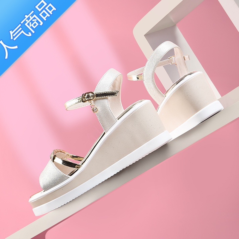 SUNTEK2023年新款一字扣带仙女风坡跟凉鞋夏季百搭妈妈鞋厚底高跟2高清大图