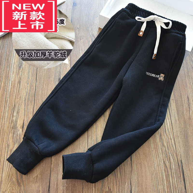 可莉允一体羊驼绒男女童保暖加厚休闲裤儿童韩版字母小熊保暖休闲棉裤冬保暖裤
