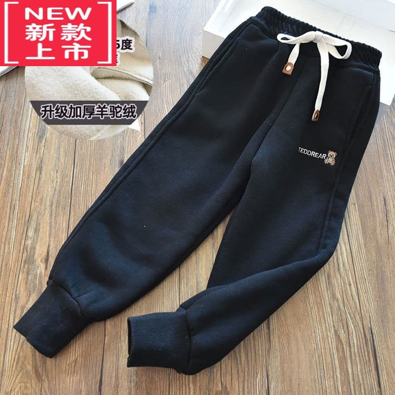 可莉允一体羊驼绒男女童保暖加厚休闲裤儿童韩版字母小熊保暖休闲棉裤冬保暖裤图片