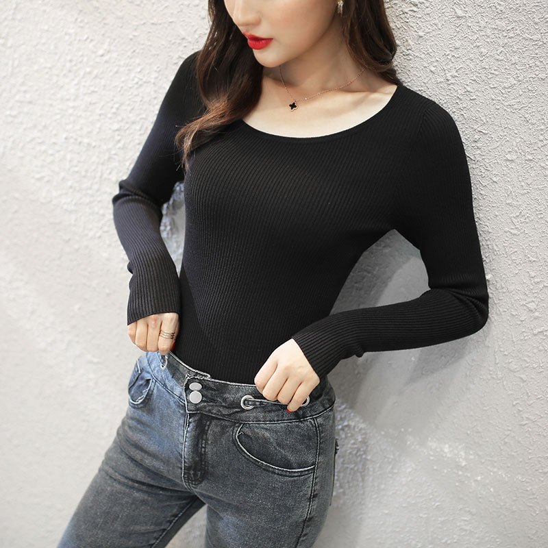 打底针织衫女薄款毛衣长袖圆领黑色春秋修身显瘦套头内搭紧身上衣毛衣