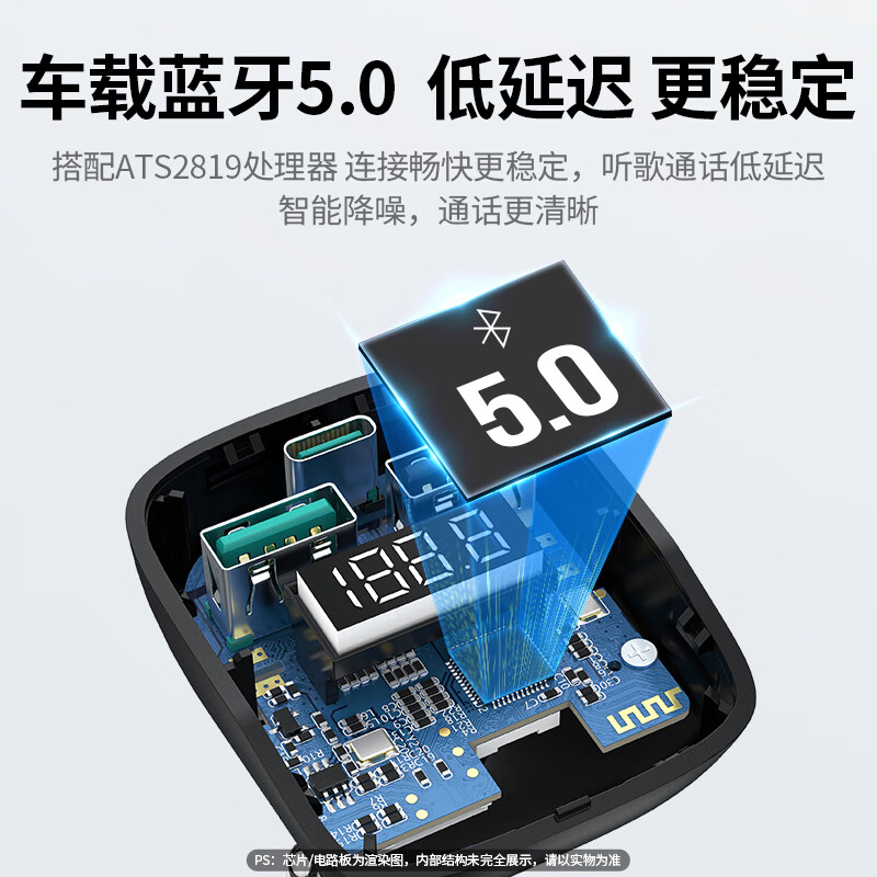 绿联车载蓝牙充电器(带数显)支持U盘/TF卡总功率:31.5W Max CD229/80910 (货期3-6天)高清大图