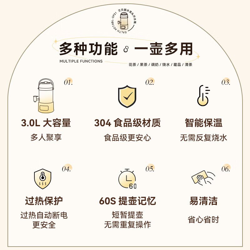 Abereve艾贝丽多功能水龙头养生壶 3L大容量 四季恒温智能保温烧水壶 ABL-SP31 1L_高清大图