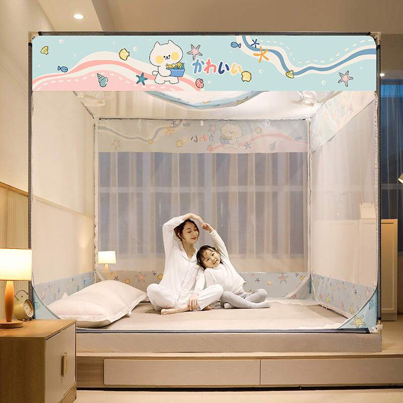 坐床式加高方顶印花蚊帐双重防摔蚊帐儿童家用加密帐纱床笠款