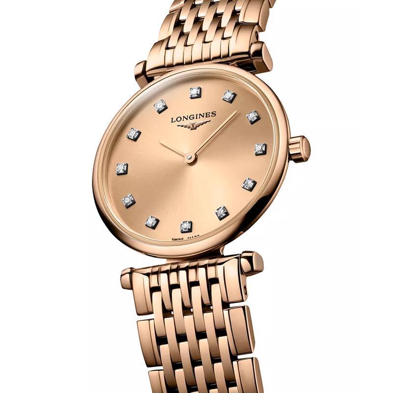 浪琴(LONGINES)女士玫瑰金机械表简约时尚钻石刻度防水24mm腕表