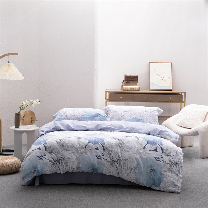 水星家纺 全棉长绒棉60s抗菌印花四件套DH 水墨蓝花 1.8米床 124799/套