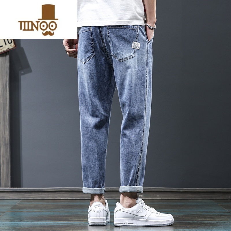 YANXU夏季男款裤子薄款潮流宽松百搭弹力水洗休闲九分直筒男士牛仔牛款高清大图