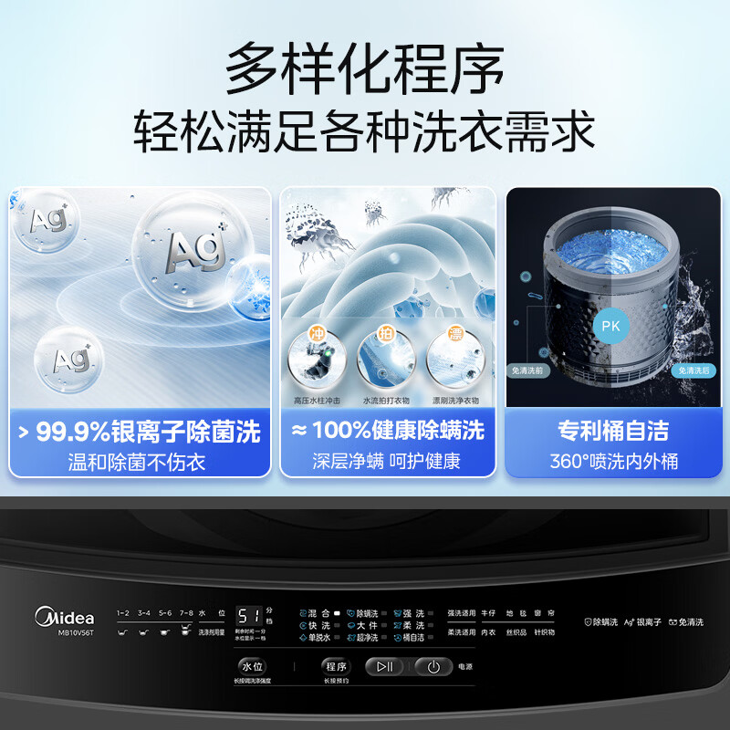 美的(Midea)波轮洗衣机全自动10公斤大容量健康除螨一级能效母婴儿洗抗菌波盘 MB10V56T高清大图