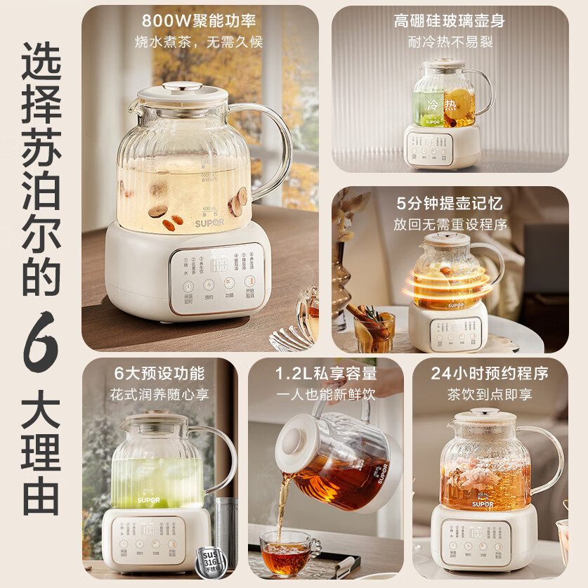 苏泊尔(SUPOR)养生壶煮茶器花茶壶恒温水壶烧水壶电热水壶 办公室保温煮茶壶1.2升SW-12Y09高清大图