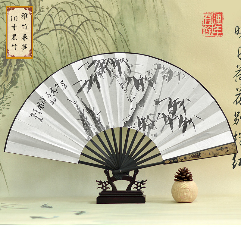 梵尼驼降温用品扇子时尚复古男士折扇雕刻丝绸10寸大绢扇古风竹扇 黑竹雕刻柄 雅竹春笋 价格图片品牌报价 苏宁易购义海鸿都家居专营店