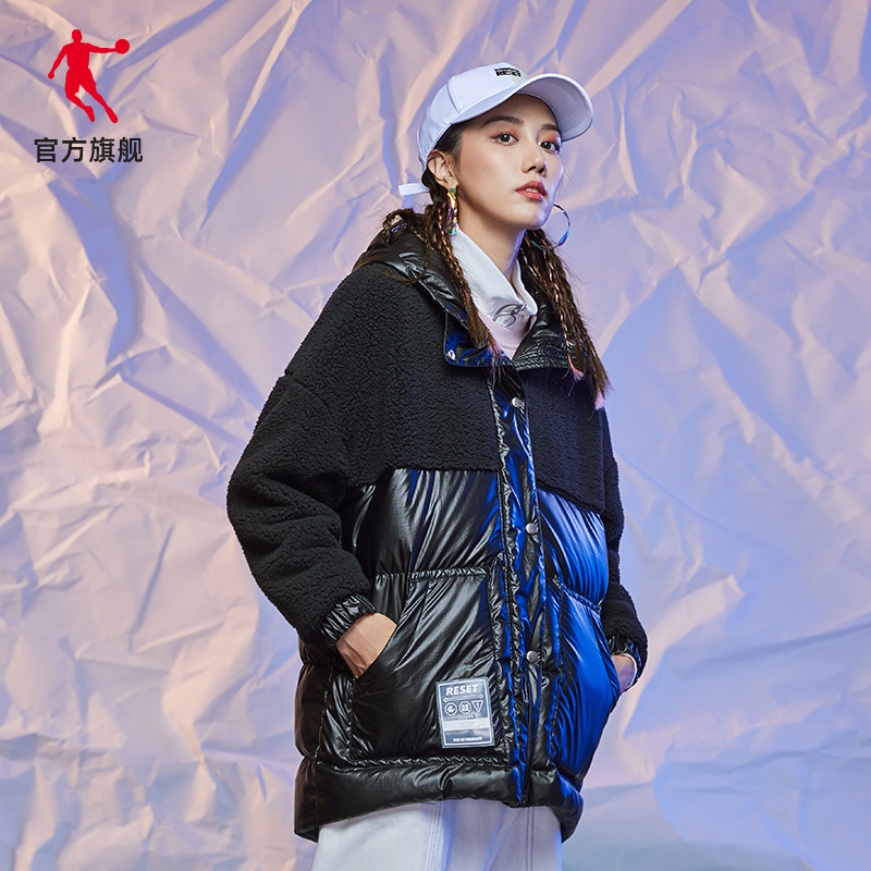 乔丹官方旗舰运动棉服女2020秋冬新款宽松加厚保暖黑色外套休闲中长款