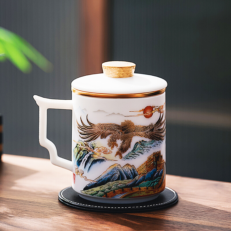 凯斯唯嘉 羊脂玉高端素烧陶瓷茶水分离泡茶杯大容量个人办公室水杯