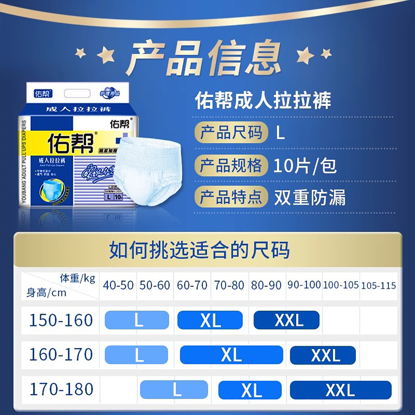 佑帮成人拉拉裤经期护理裤老年人尿不湿失禁裤10片L号(60-130cm)高清大图