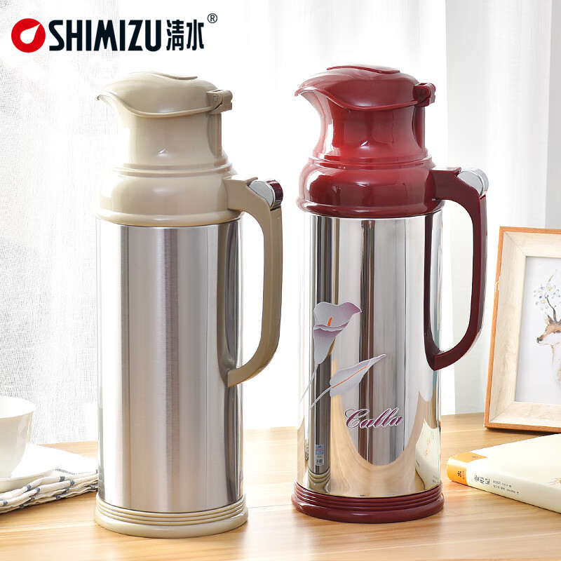清水(SHIMIZU) 热水瓶3262不锈钢玻璃内胆保温瓶暖水瓶家用保温壶暖壶开水瓶 咖啡红 2000ml